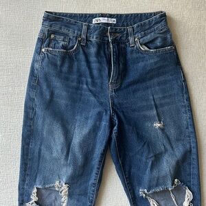 Zara Women's Ripped Dark Blue Boyfriend Jeans